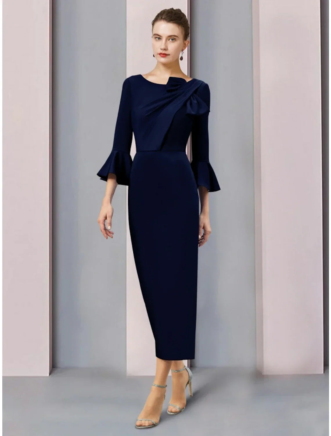 Mother of the Bride Dress Wedding Guest Elegant Scoop Neck Ankle Length Fabric 3/4 Length Sleeve with Bow(s) Ruching Solid Color