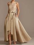Mother of the Bride Dress Elegant High Low Wedding Guest Sleeveless Scoop Neck Asymmetrical with Bow(s) Pleats