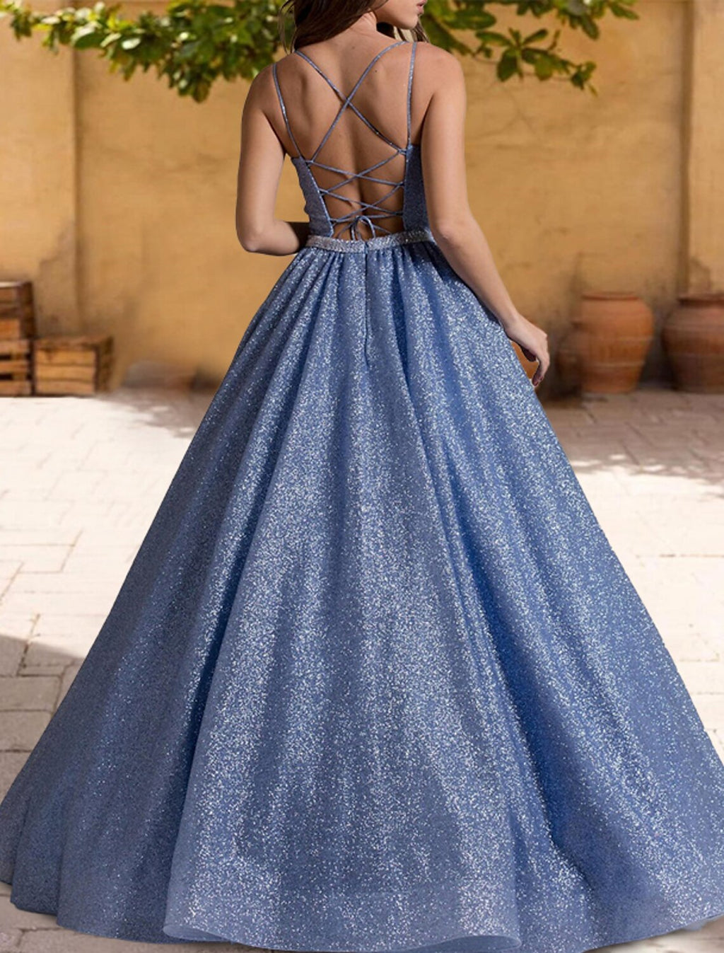 Ball Gown Quinceanera Dresses Sparkle & Shine Dress Sweet 16 Birthday Floor Length Sleeveless Spaghetti Strap with Glitter Criss Cross Pleats