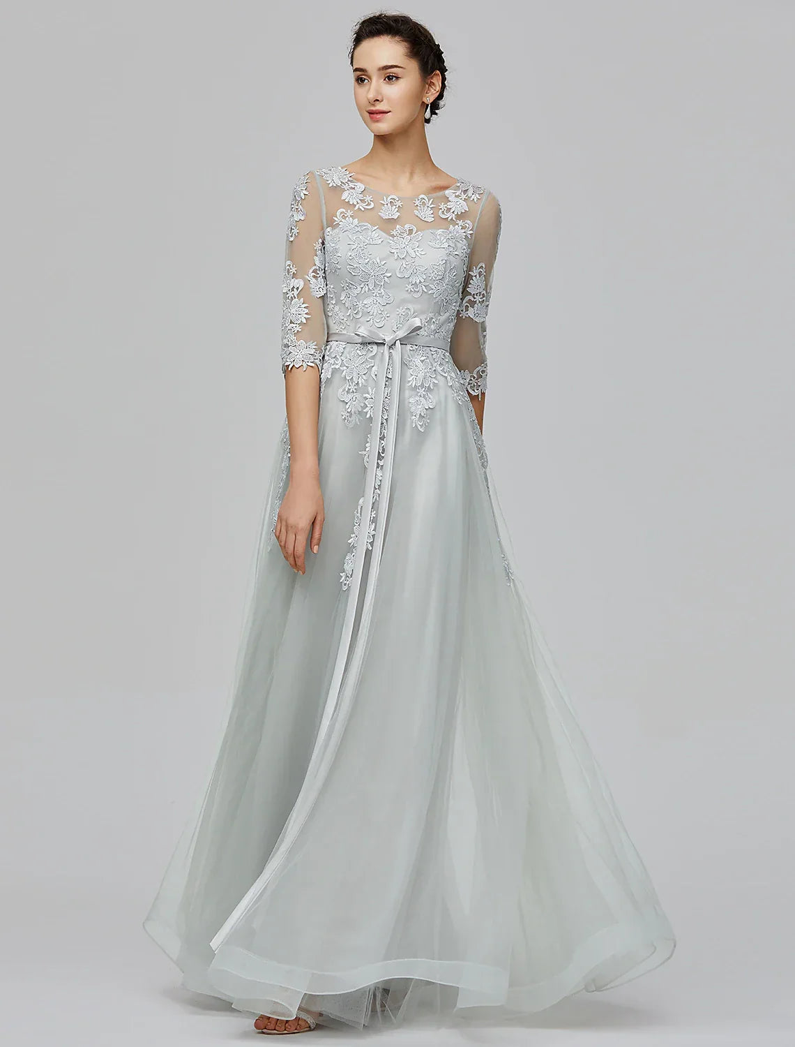 Empire Dress Wedding Guest Prom Floor Length Half Sleeve Illusion Neck with Bow(s) Appliques