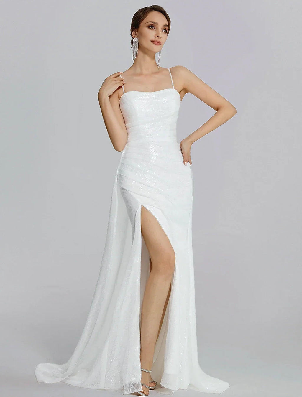 Mermaid / Trumpet Prom Dresses Sparkle Dress Wedding Floor Length Sleeveless Cowl Neck with Ruched Slit