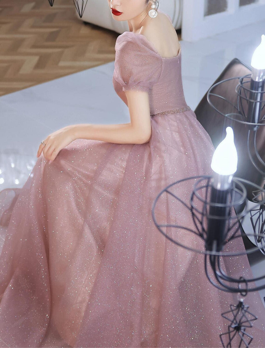 Back Elegant Prom Formal Evening Birthday Dress Sweetheart Neckline Short Sleeve Floor Length with Beading