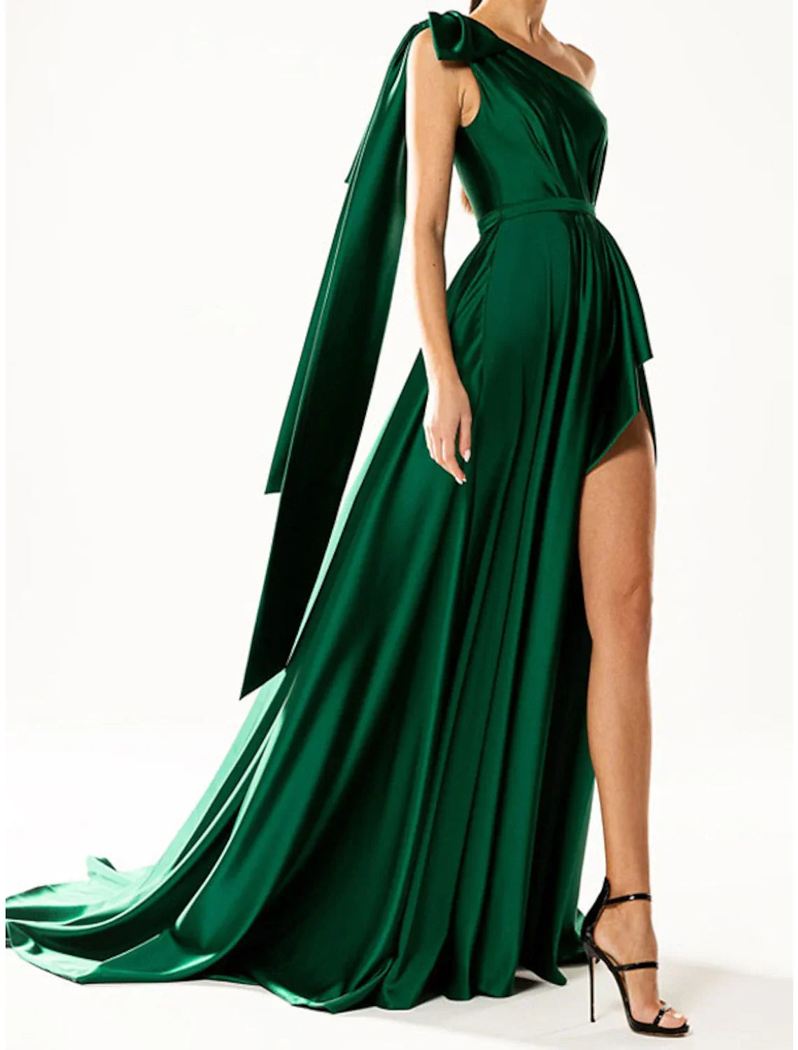 Evening Gown Elegant Dress Party Wear Wedding Guest Court Train Sleeveless One Shoulder Nylon with Bow(s)