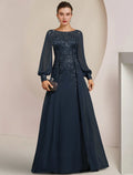 Sheath / Column Mother of the Bride Dress Formal Wedding Guest Elegant Scoop Neck Floor Length Long Sleeve with Appliques