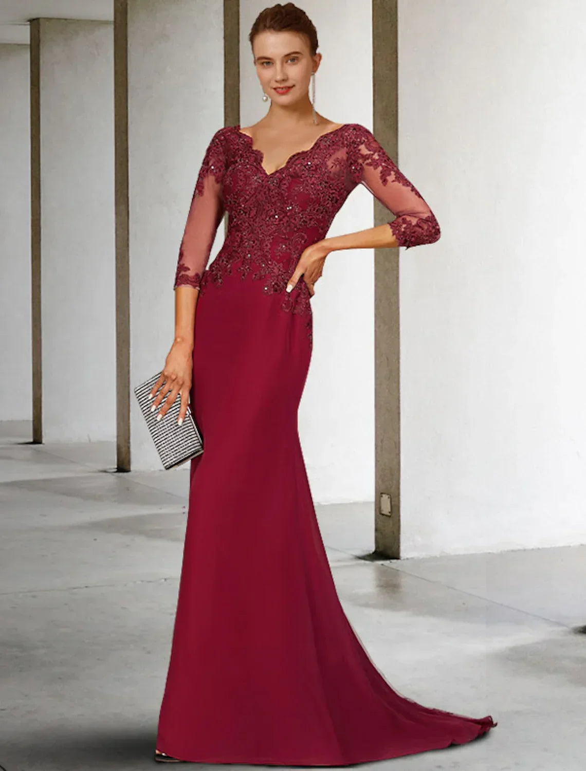 Mother of the Bride Dress Luxurious Elegant V Neck Length Sleeve with Appliques