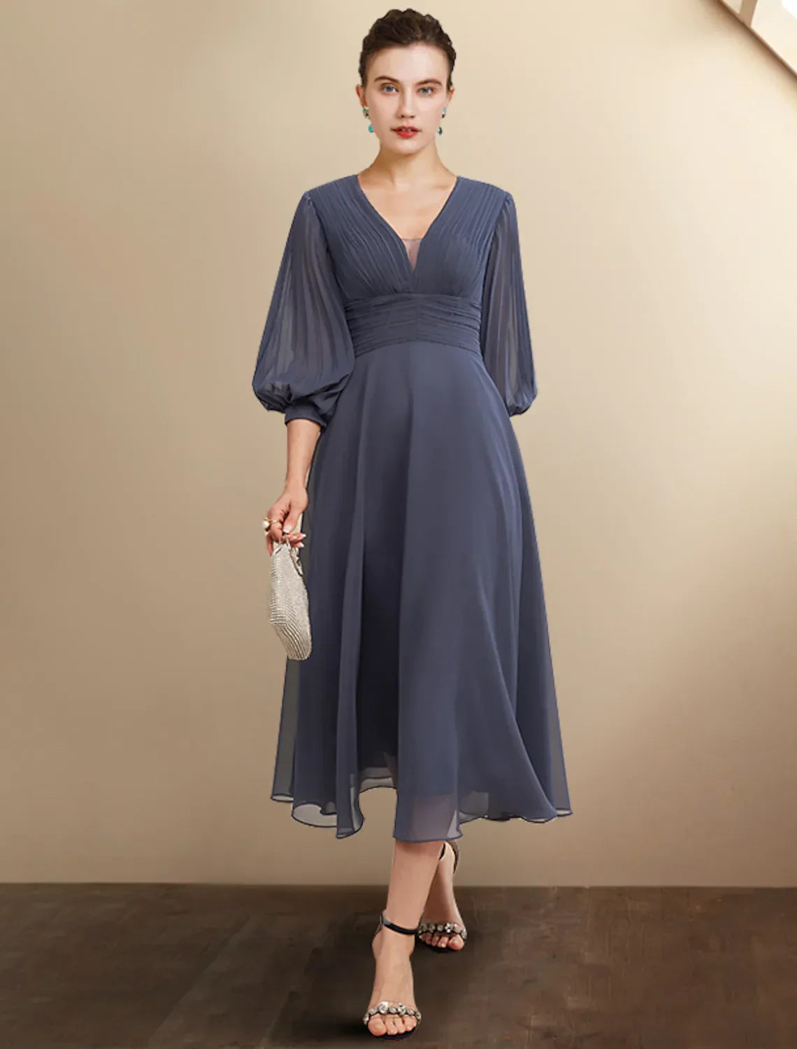 Mother of the Bride Dress Plus Size Elegant V Neck Length Sleeve with Pleats