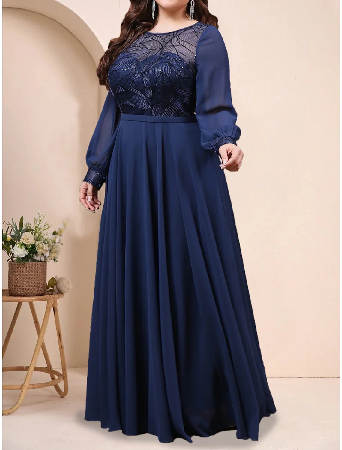 Plus Size Curve Mother of the Bride Dress Wedding Guest Plus Size Sparkle & Shine Jewel Neck Floor Length Long Sleeve with Pleats
