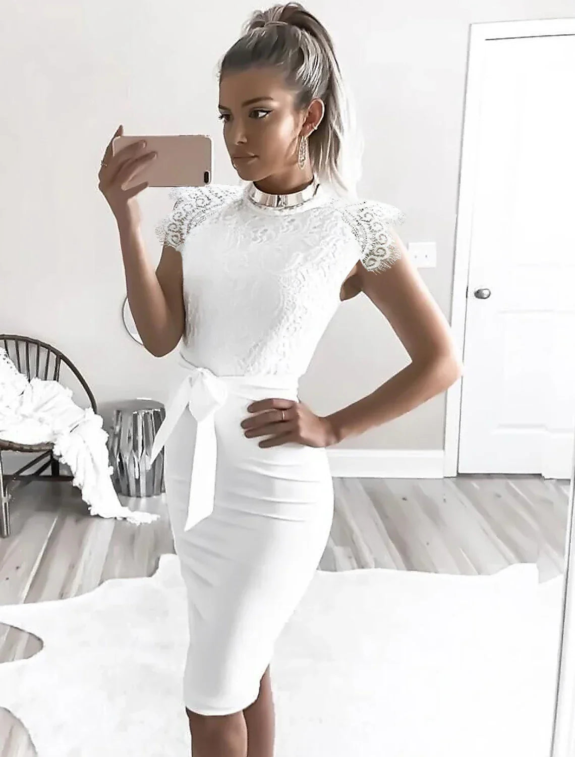 White Women's Bodycon Knee Length Dress Sleeveless Solid Color up Round Neck Elegant Cocktail Party