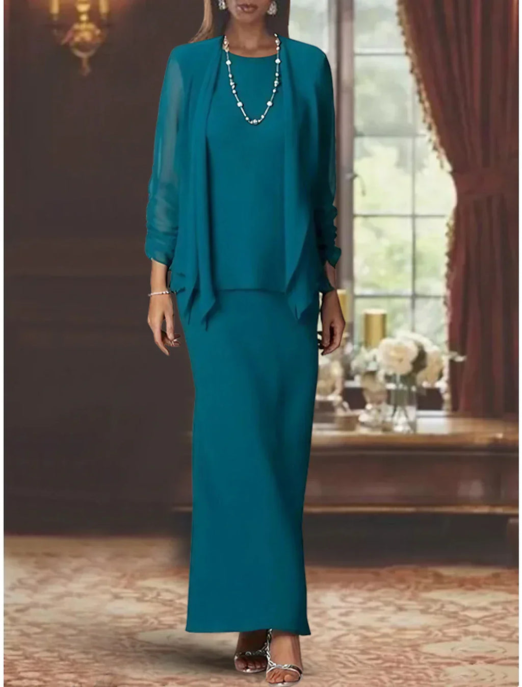 Two Piece Sheath / Column Mother of the Bride Dress Formal Wedding Guest Elegant Scoop Neck Floor Length Long Sleeve Wrap Included with Solid Color