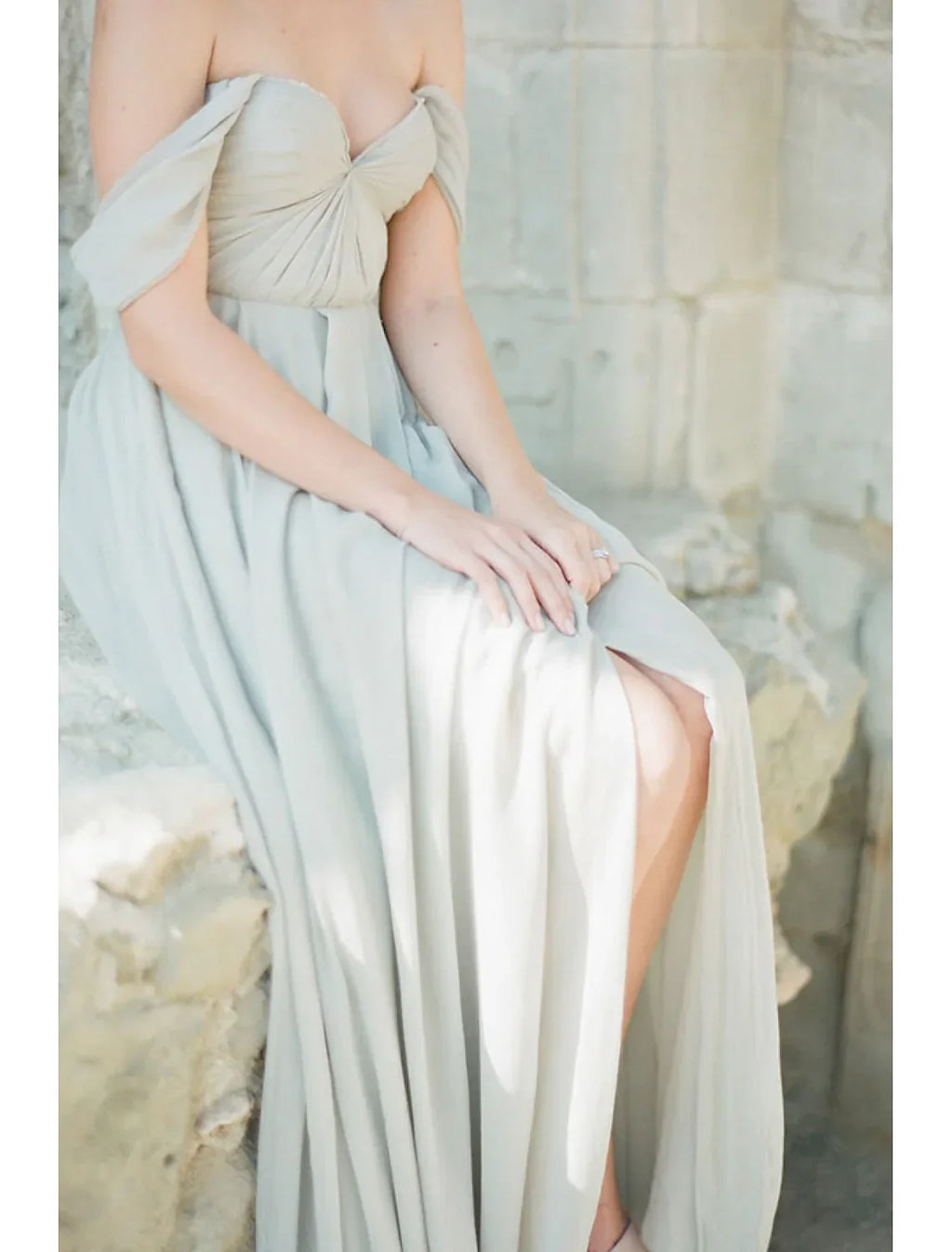 Bridesmaid Dress Neckline Short Sleeve Furcal Floor Length with Pleats Split Front