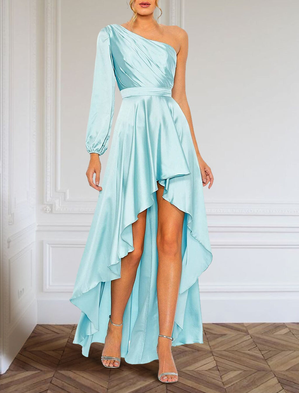 Evening Gown Elegant Dress Formal Asymmetrical Long Sleeve One Shoulder Charmeuse with Ruffles