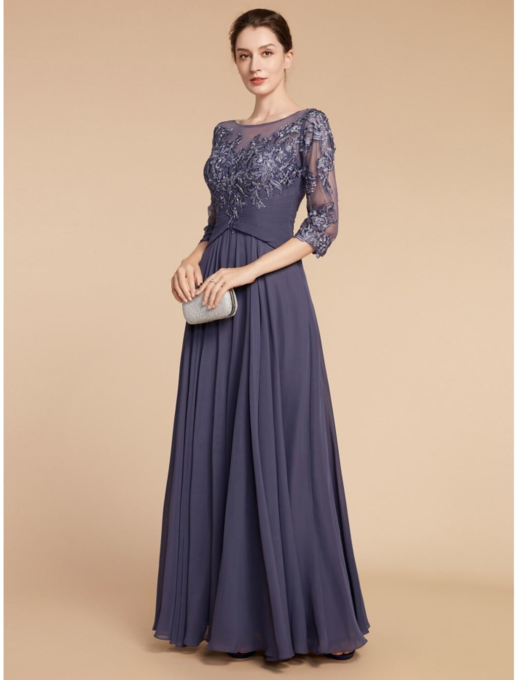 Mother of the Bride Dress Wedding Guest Elegant Scoop Neck Floor Length 3/4 Length Sleeve with Ruching Solid Color