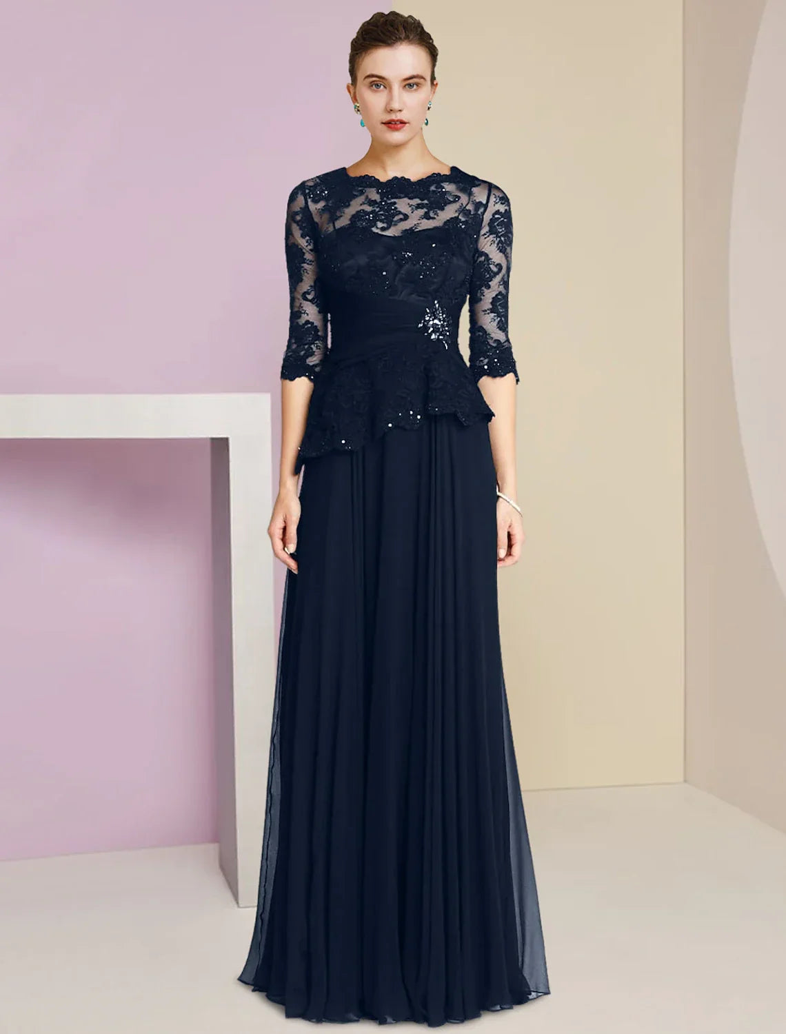 Mother of the Bride Dress Formal Wedding Guest Elegant Scoop Neck Floor Length Half Sleeve with Pleats Appliques Crystal Brooch