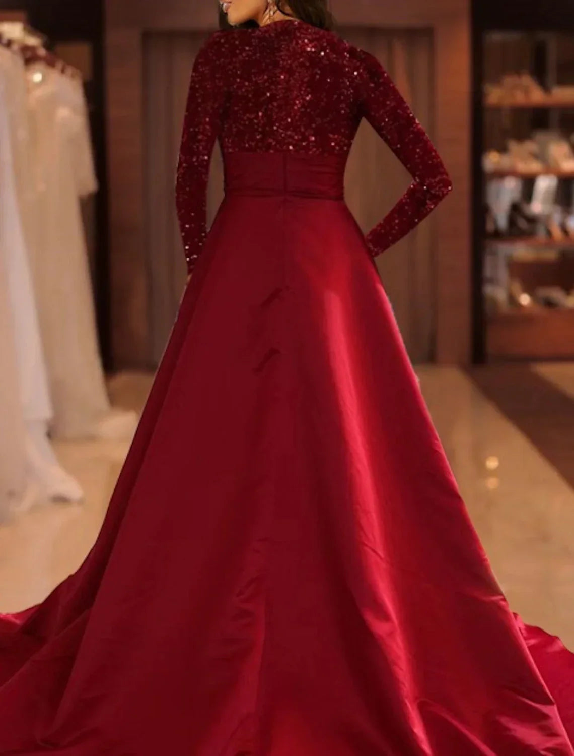 Green Evening Gown Sparkle Christmas Red Dress Formal Cocktail Party Court Train Long Sleeve High Neck Fall Wedding Guest