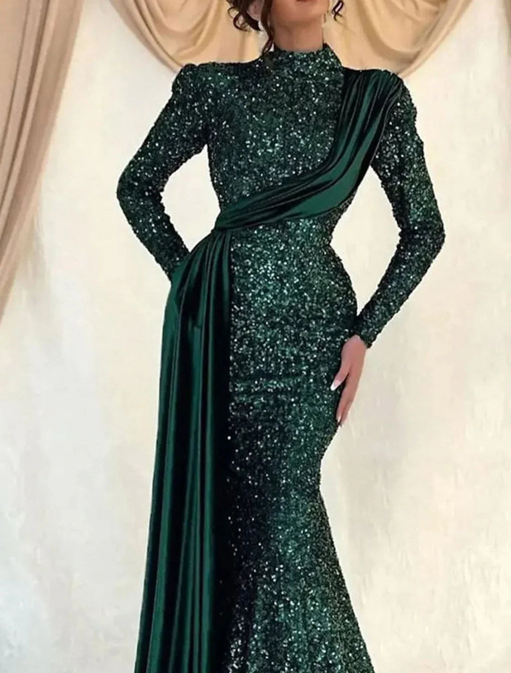 Mermaid / Trumpet Evening Gown Sparkle Dress Wedding Guest Prom Sweep / Brush Train Long Sleeve High Neck with Ruched