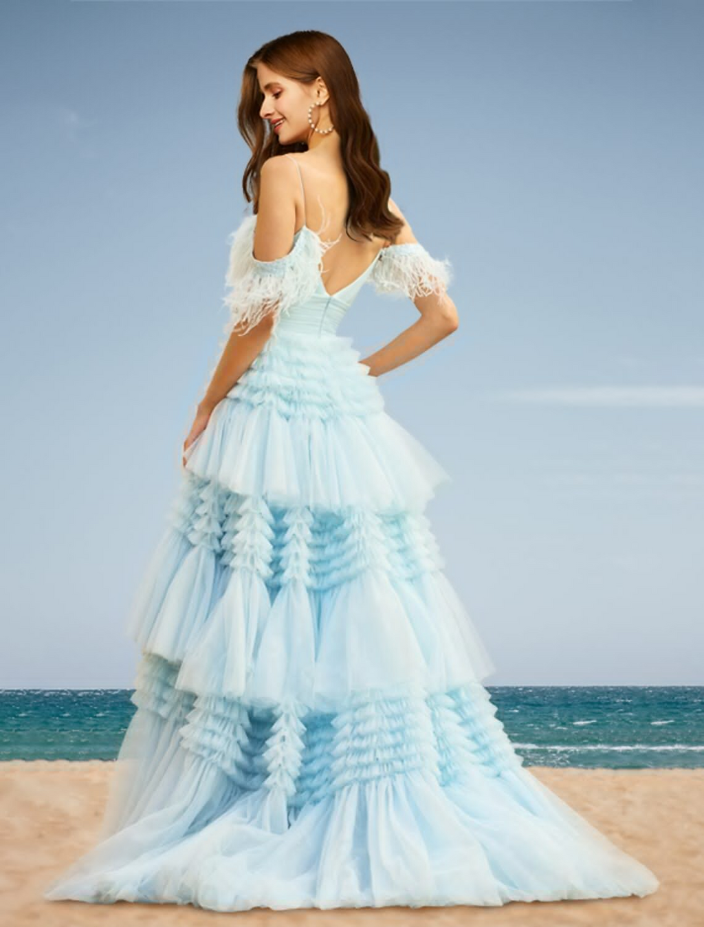 Tiered Dress Wedding Party Court Train Sleeveless Off Shoulder with Slit