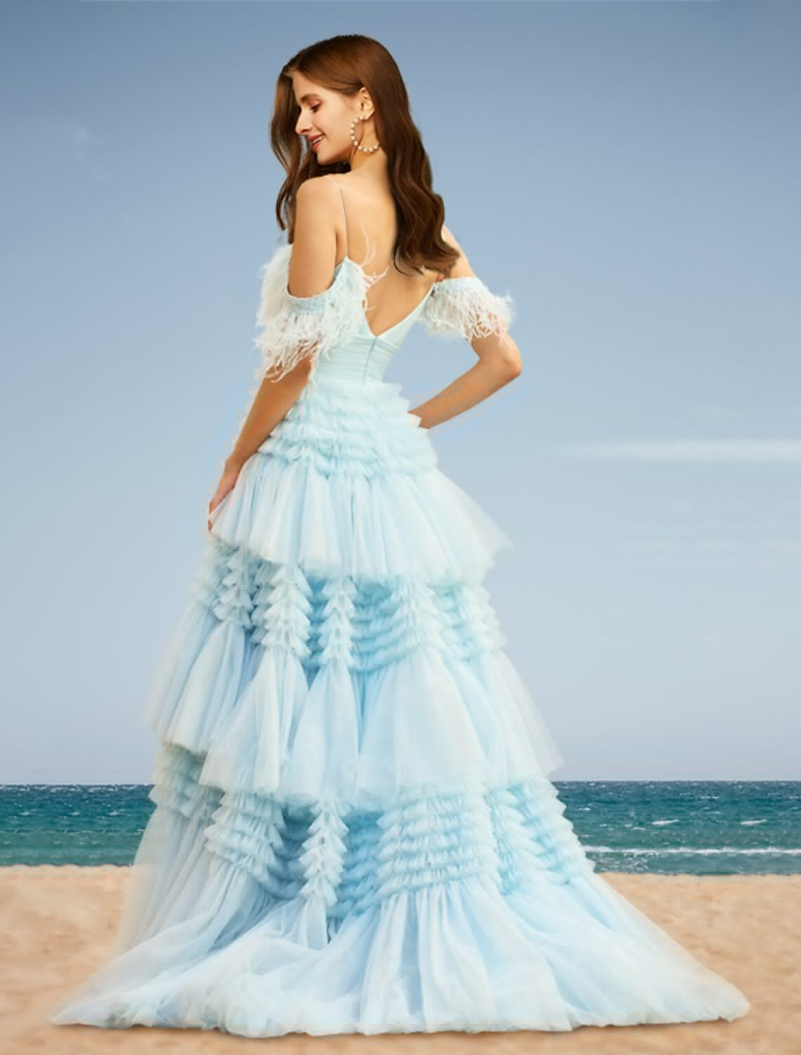 Tiered Dress Wedding Party Court Train Sleeveless Off Shoulder with Slit
