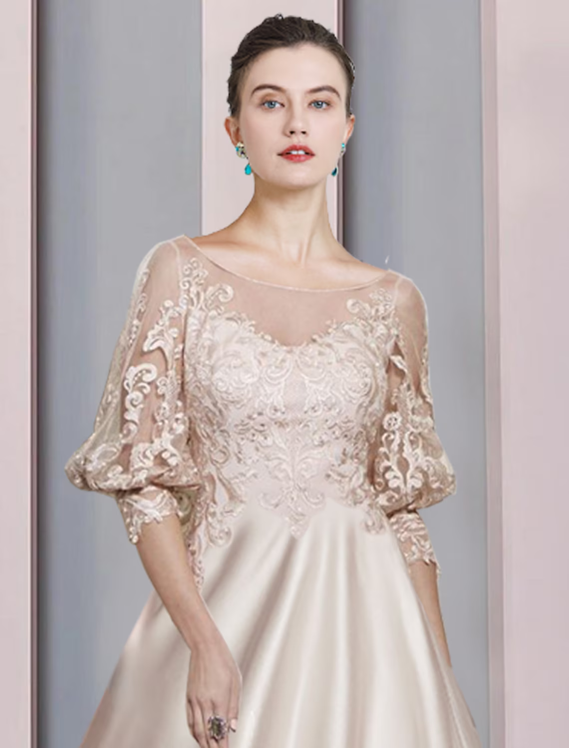 Mother of the Bride Dress Formal Wedding Guest Elegant Scoop Neck Length Sleeve Wrap Included with Pleats Appliques