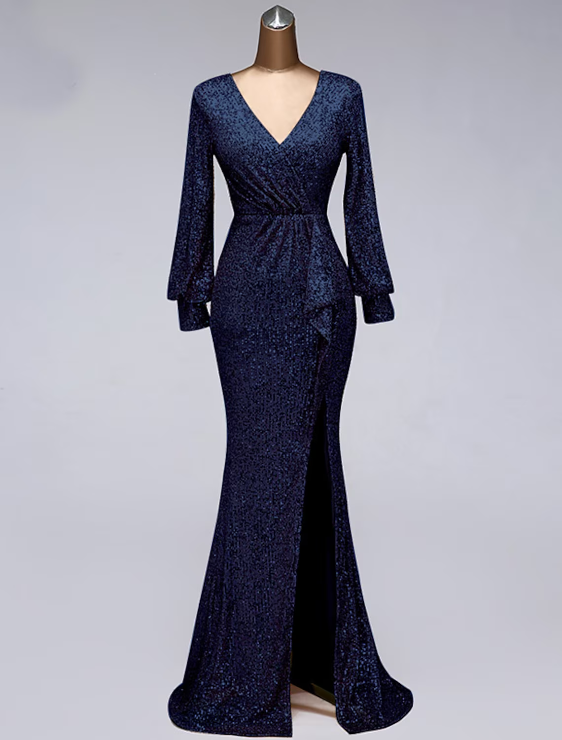 Evening Gown Elegant Dress Wedding Guest Floor Length Long Sleeve V Neck with Slit