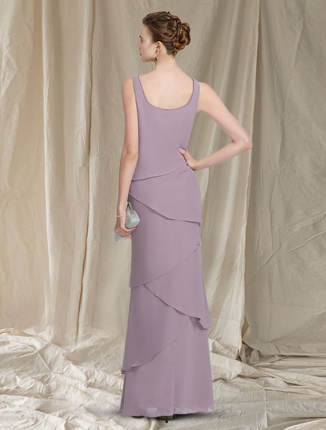 Two Piece Mother of the Bride Dress Elegant Scoop Neck Floor Length Sleeveless Wrap Included with Beading Cascading Ruffles