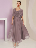 Two Piece A-Line Mother of the Bride Dress Formal Wedding Guest Elegant V Neck Length Short Sleeve Wrap Included with Pleats Appliques