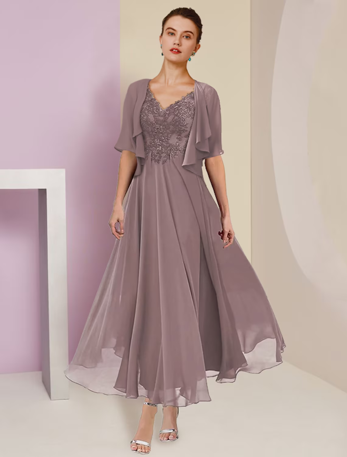 Two Piece A-Line Mother of the Bride Dress Formal Wedding Guest Elegant V Neck Length Short Sleeve Wrap Included with Pleats Appliques