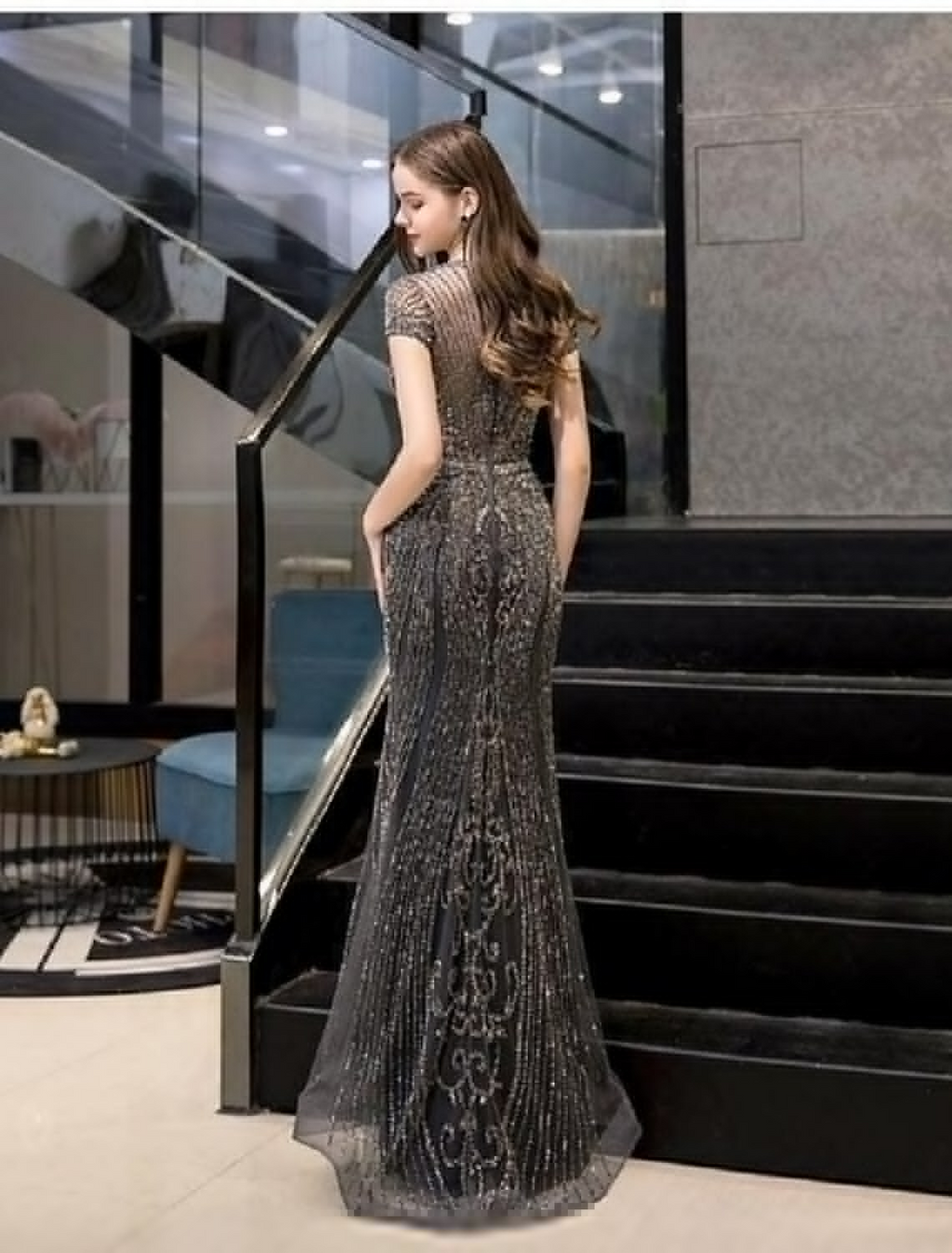 Evening Gown Luxurious Dress Engagement Short Sleeve Jewel Neck with Beading