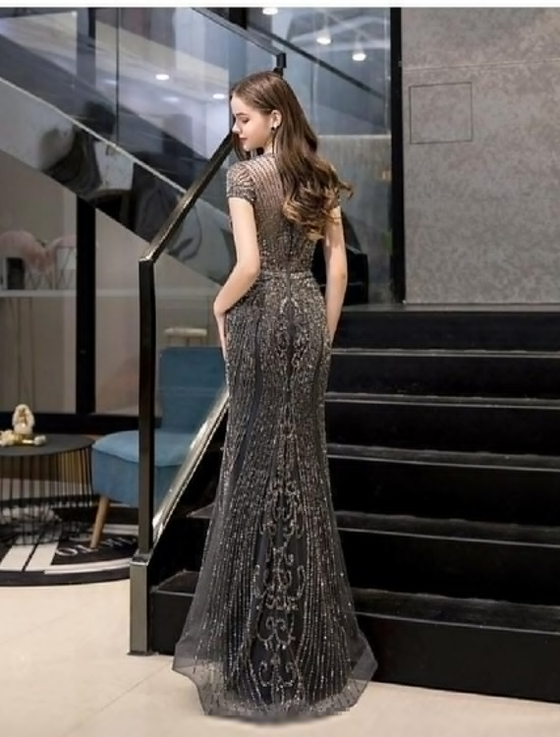 Evening Gown Luxurious Dress Engagement Short Sleeve Jewel Neck with Beading