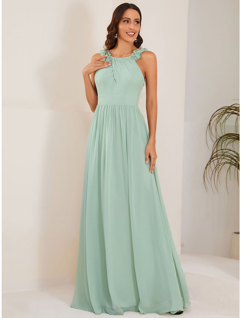Wedding Guest Dresses Elegant Dress Formal Floor Length Sleeveless Jewel Neck with Pleats Flower