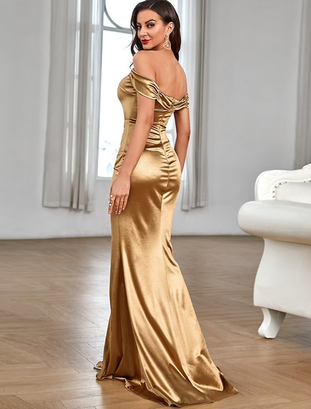High Split Prom Formal Evening Dress Off Shoulder Sleeveless Floor Length with Ruched Slit