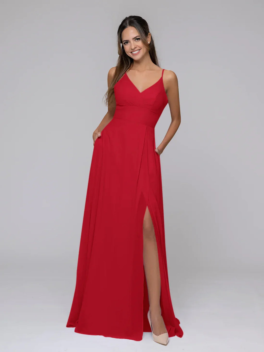 V Neck Spaghetti Strap Bridesmaid Dresses With Slit