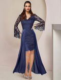 Two Piece Mother of the Bride Dress Formal Wedding Guest Elegant V Neck Knee Length Long Sleeve with Appliques