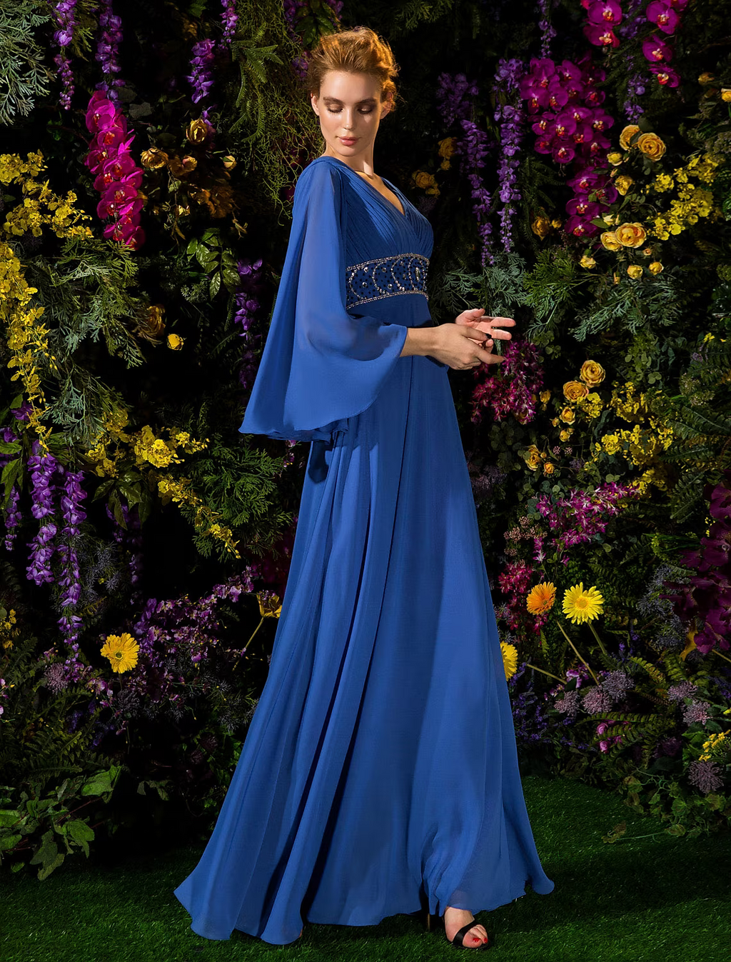 Mother of the Bride Dress Vintage Inspired V Neck Floor Length Long Sleeve with Crystals Beading Side Draping