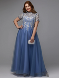Plus Size Dress Wedding Guest Floor Length Short Sleeve High Neck Lace-up with Appliques