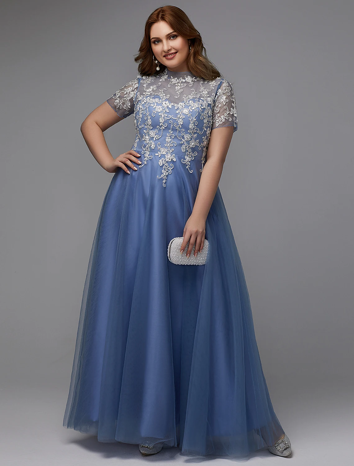 Plus Size Dress Wedding Guest Floor Length Short Sleeve High Neck Lace-up with Appliques