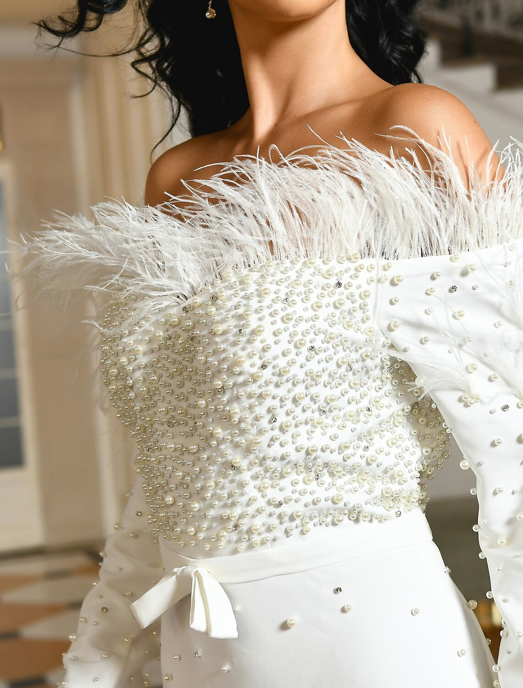 Engagement Formal Wedding Dresses Floor Length Long Sleeve Off Shoulder Fabric With Bow(s)