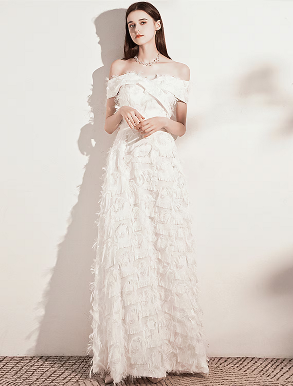 Evening Gown Minimalist Dress Formal Evening Floor Length Short Sleeve Off Shoulder Nylon with Feather