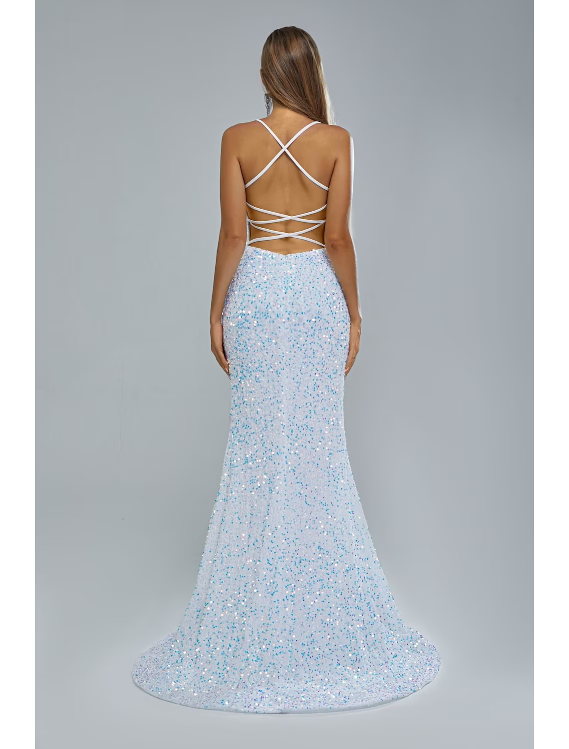 Evening Gown Elegant Dress Party Wear Train Sleeveless Strap Crisscross Back with Slit