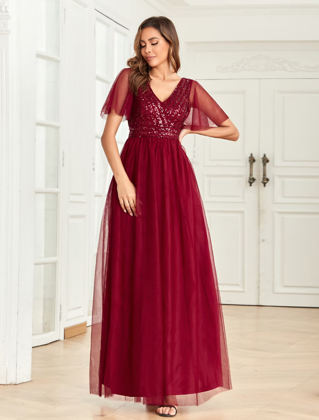 Party Dresses Empire Dress Party Wear Floor Length Short Sleeve V Neck V Back with Glitter