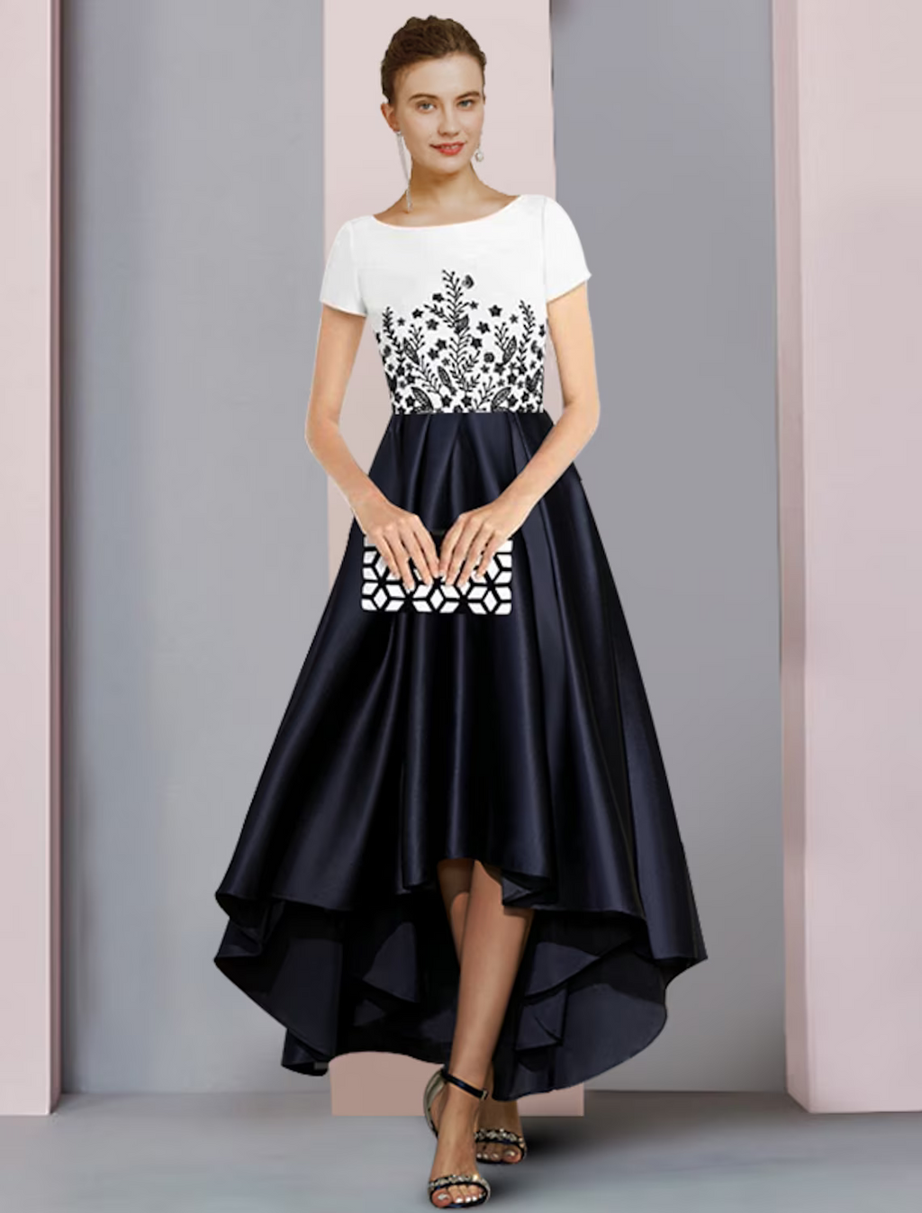 Mother of the Bride Dress Formal Party Elegant Scoop Neck Asymmetrical Short Sleeve with Pleats Appliques