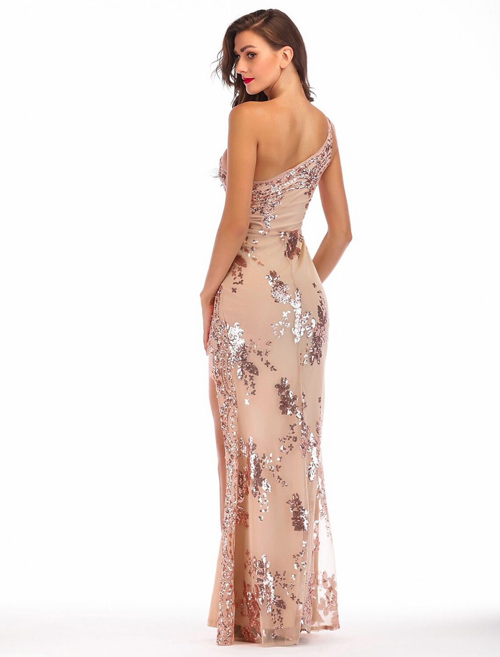 Evening Gown Vintage Dress Holiday Floor Length Sleeveless One Shoulder Blend Backless with Splicing