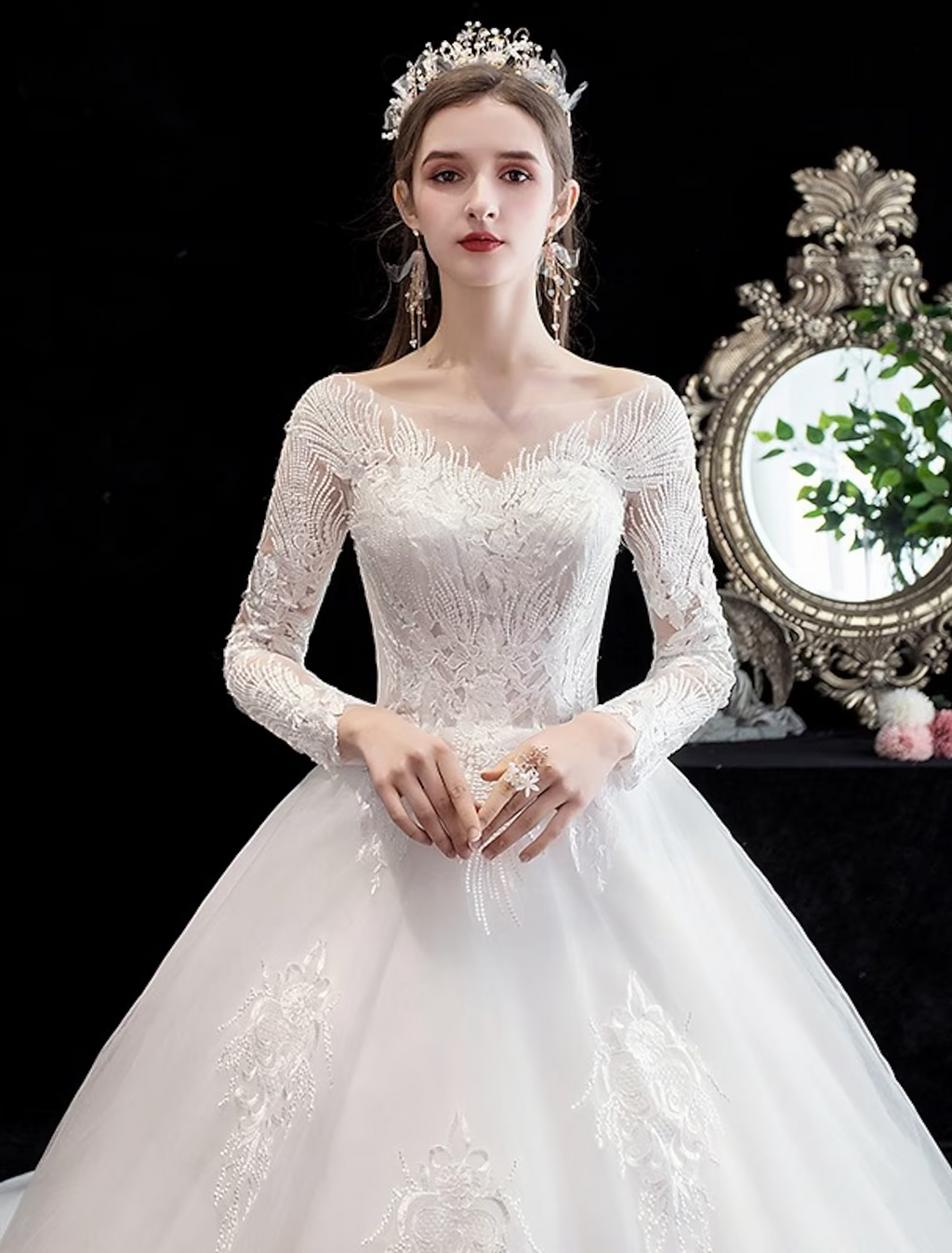 Engagement Formal Wedding Dresses Princess Long Sleeve Off Shoulder With Beading Appliques