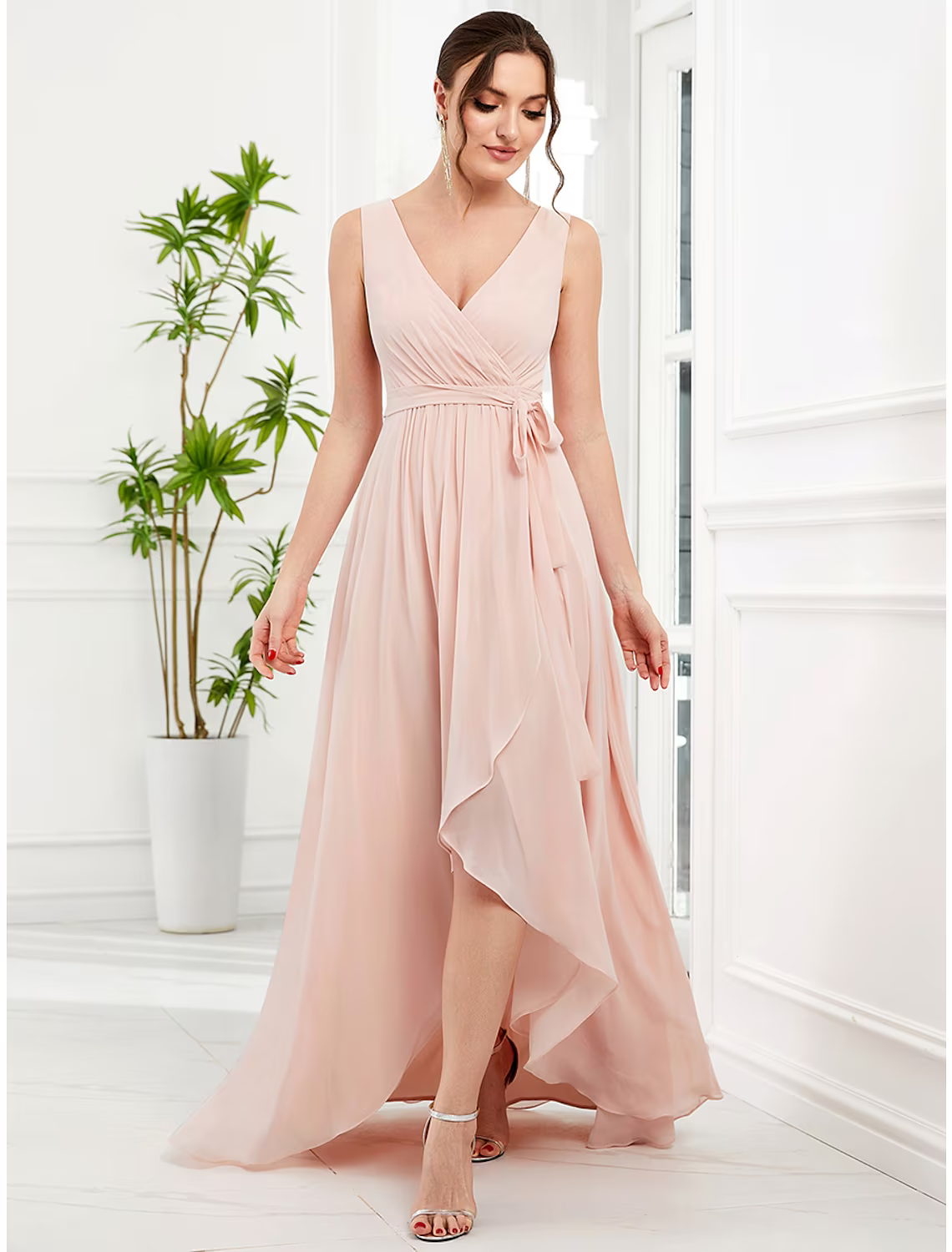 Wedding Guest Dresses Elegant Dress Party Wear Asymmetrical Sleeveless V Neck with Ruffles Strappy