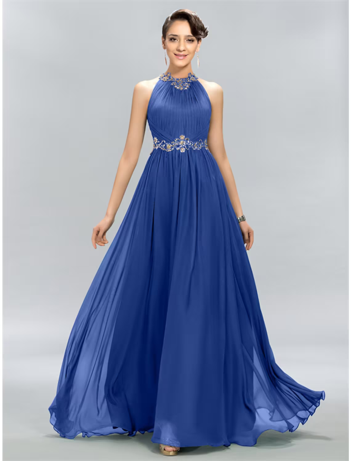 Wedding Guest Dresses Maxi Dress Party Wear Floor Length Sleeveless Halter with Ruched Appliques