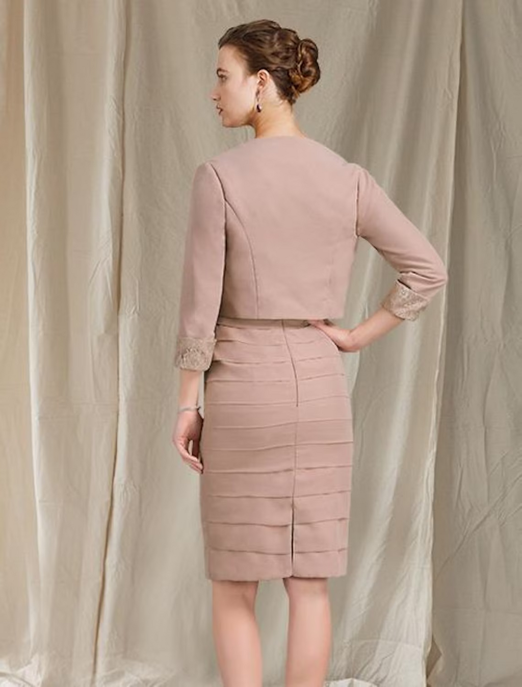 Two Piece Mother of the Bride Dress Church Elegant Knee Length Short Sleeve Wrap Included with Tier