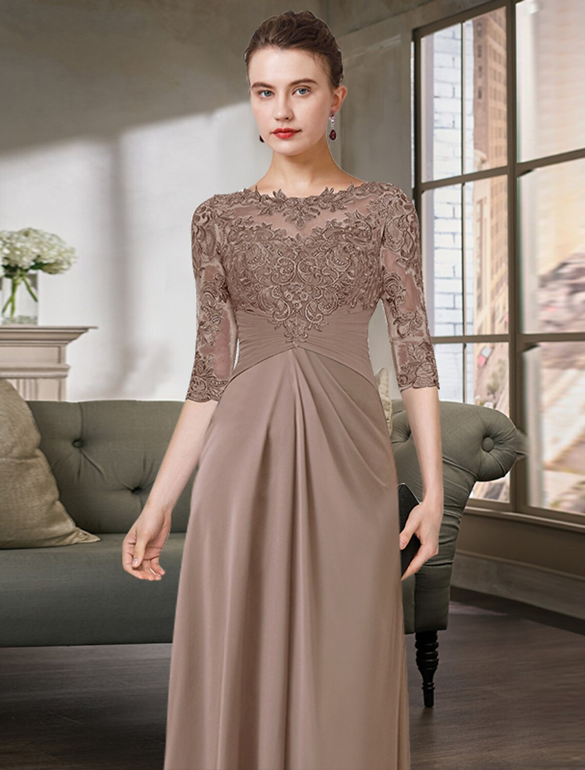 Mother of the Bride Dress Simple Elegant Floor Length Half Sleeve with Pleats