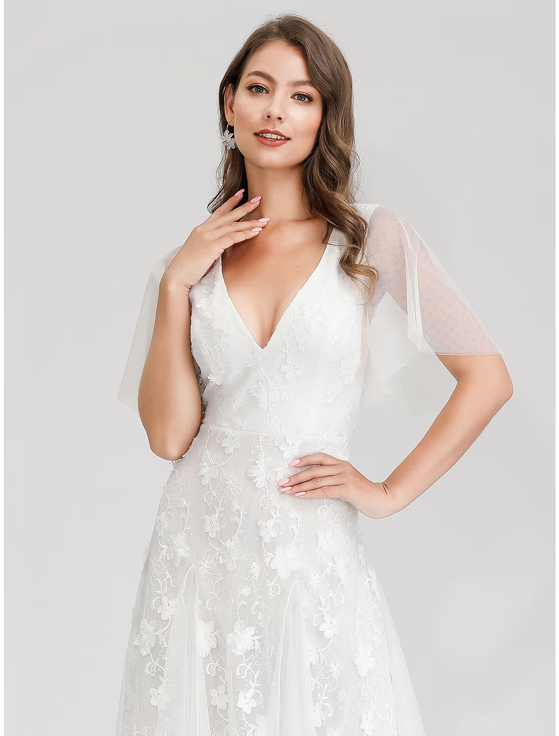 Bridal Shower Wedding Dresses A-Line Short Sleeve V Neck With Appliques