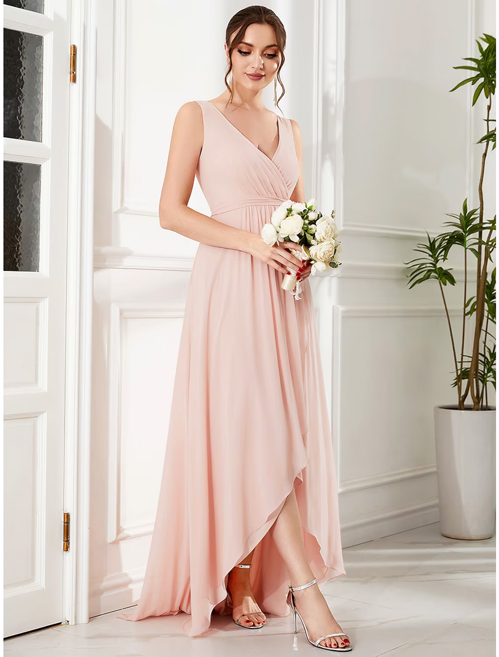 Wedding Guest Dresses Elegant Dress Party Wear Asymmetrical Sleeveless V Neck with Ruffles Strappy