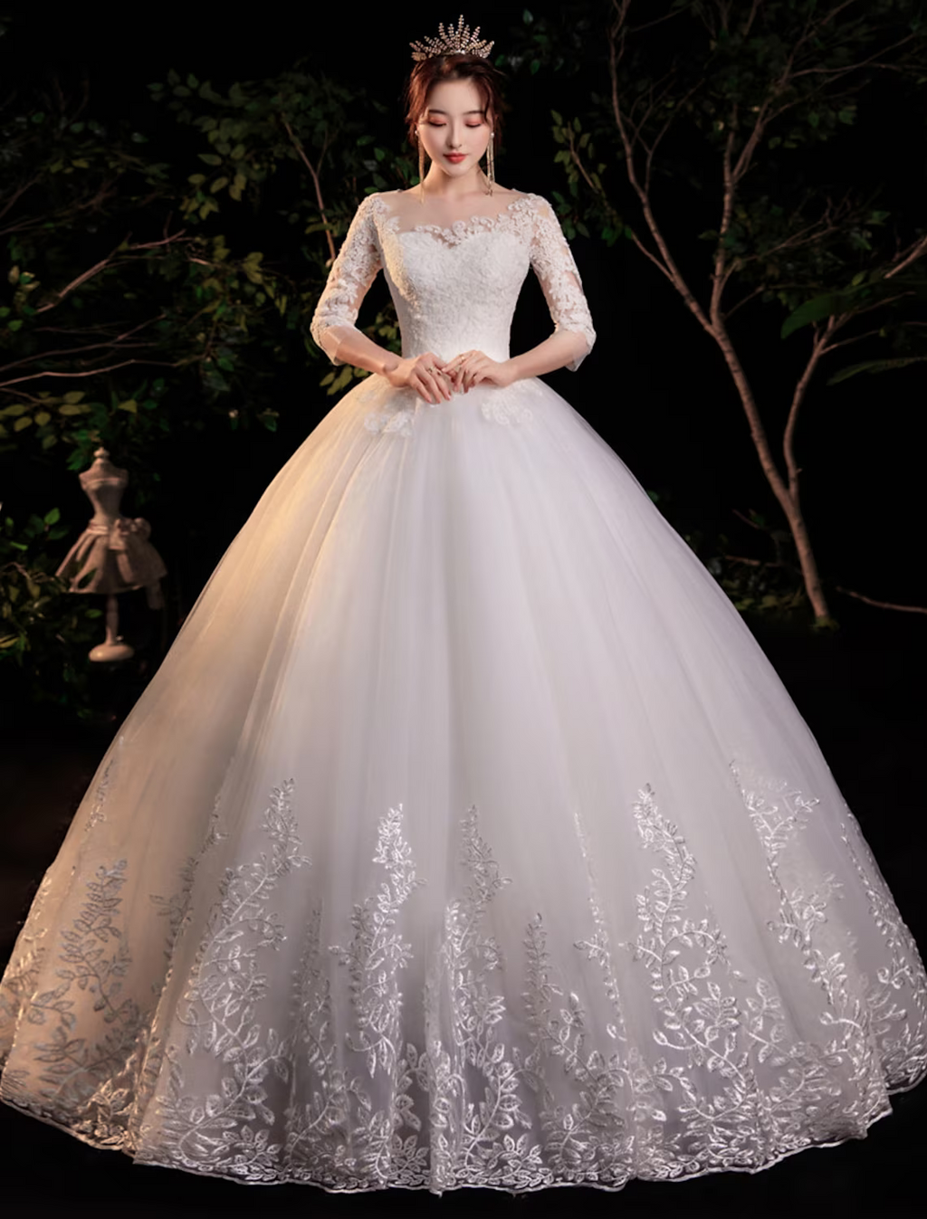 Engagement Formal Wedding Dresses Floor Length Princess Half Sleeve Jewel Neck With Appliques