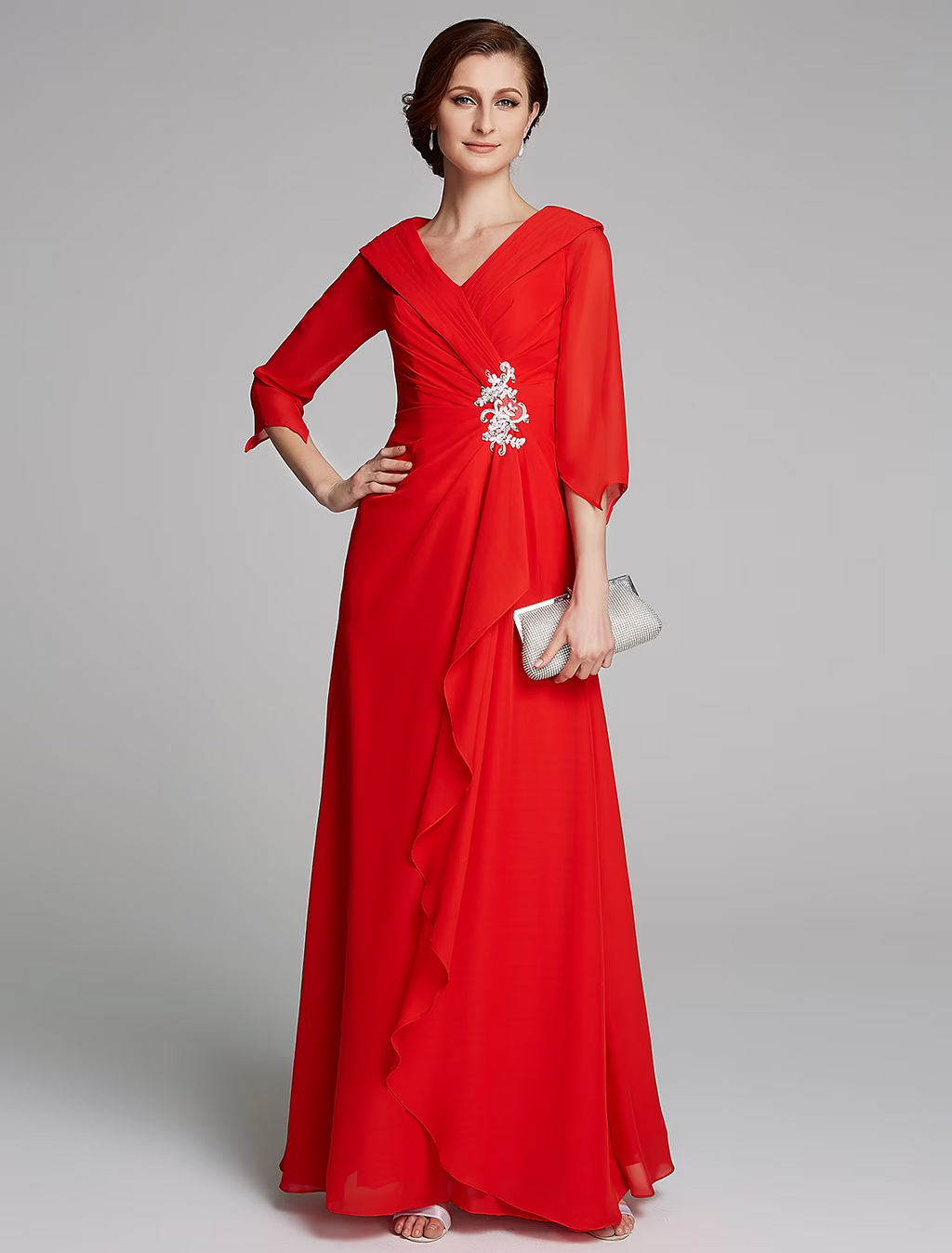 Mother of the Bride Dress Elegant V Neck Floor Length Half Sleeve with Pleats Appliques